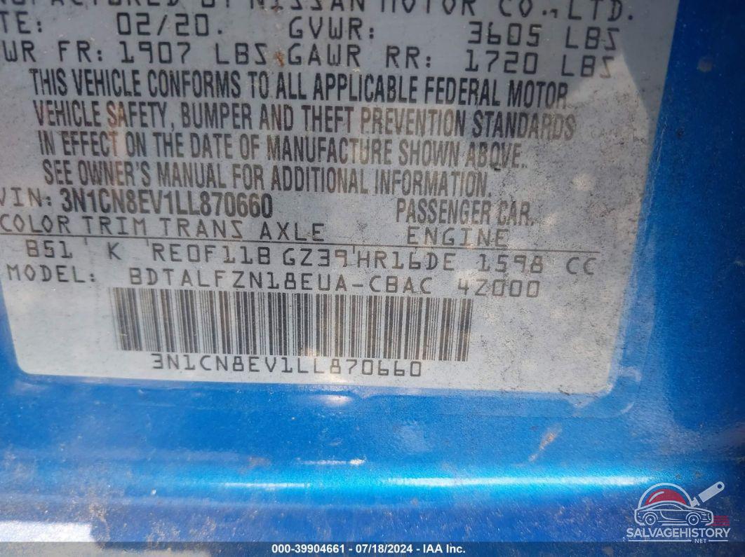 3N1CN8EV1LL870660 2020 NISSAN VERSA photo no. 9