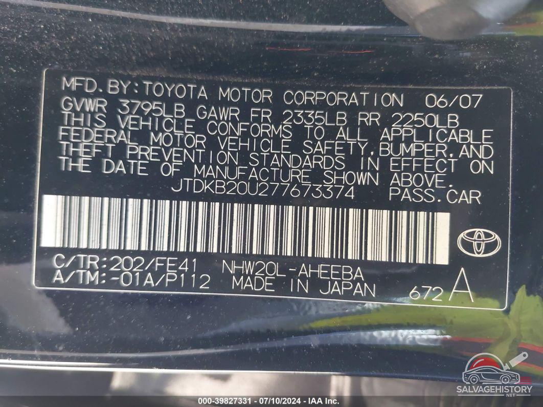 JTDKB20U277673374 2007 TOYOTA PRIUS photo no. 9