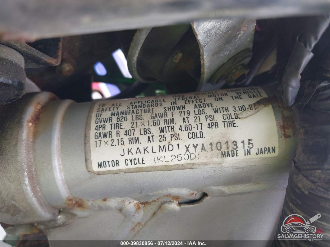 JKAKLMD1XYA101315 2000 KAWASAKI KL250 photo no. 9