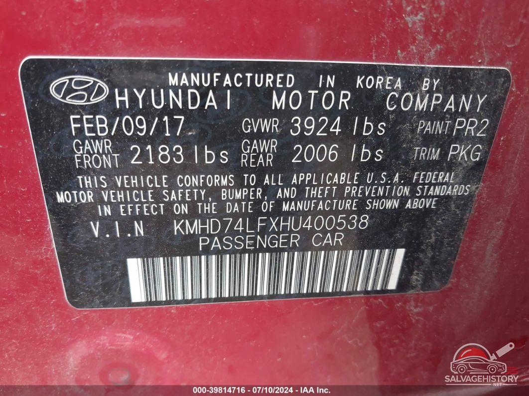 KMHD74LFXHU400538 2017 HYUNDAI ELANTRA photo no. 9