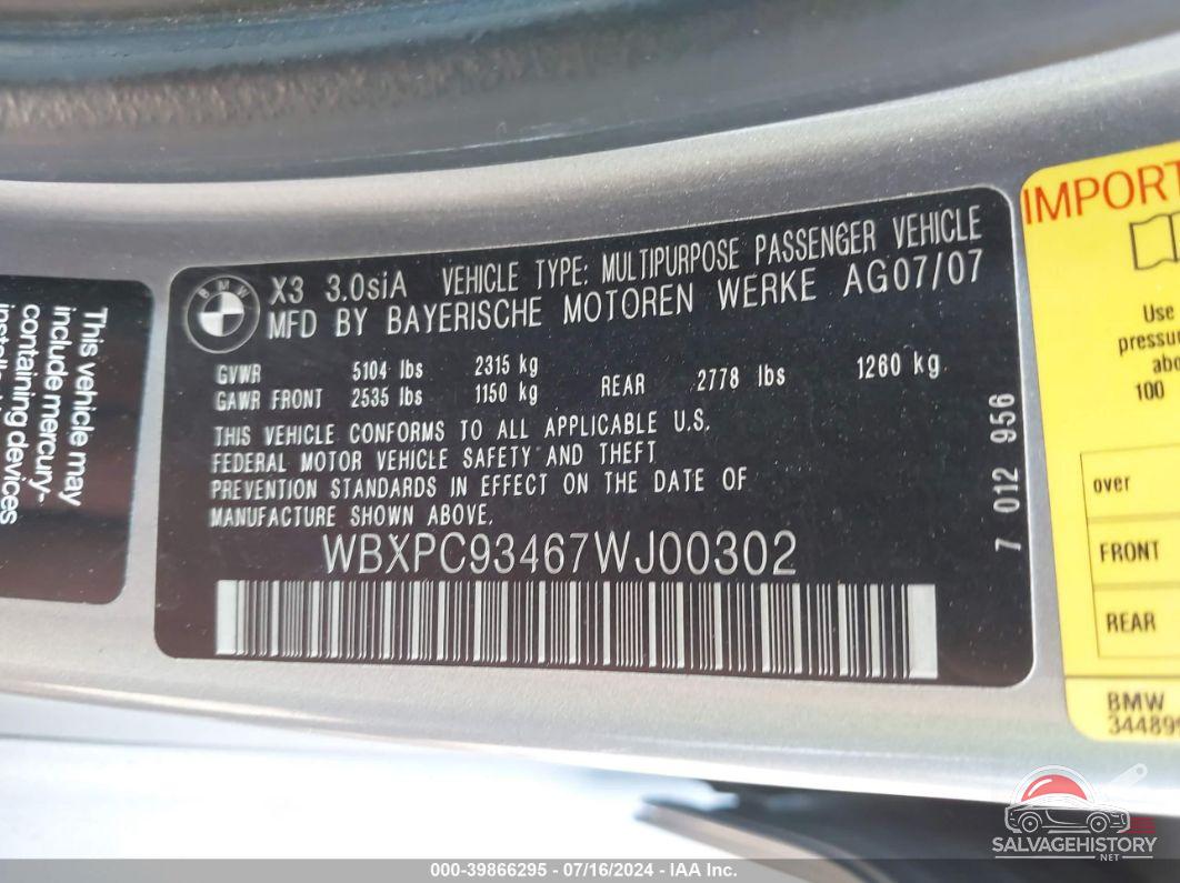 WBXPC93467WJ00302 2007 BMW X3 photo no. 9