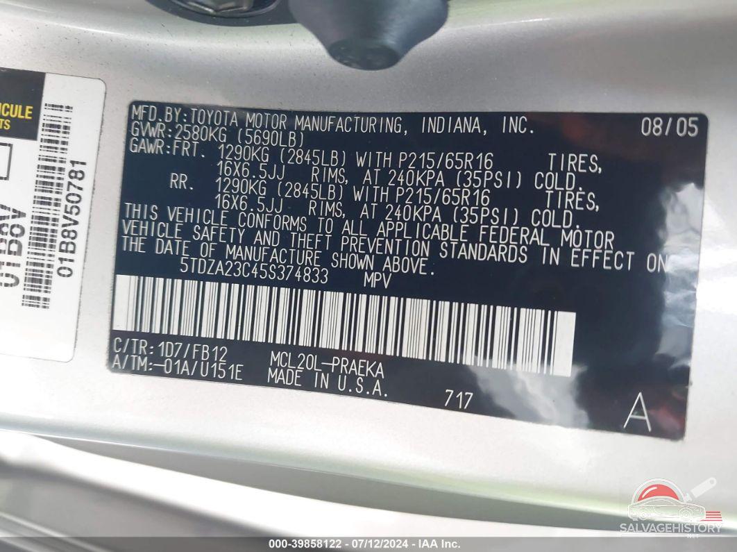 5TDZA23C45S374833 2005 TOYOTA SIENNA photo no. 9