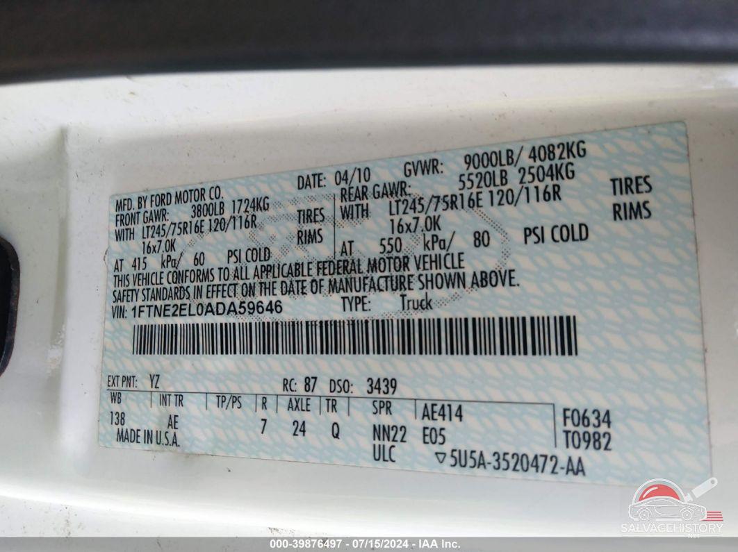 1FTNE2EL0ADA59646 2010 FORD E-250 photo no. 9