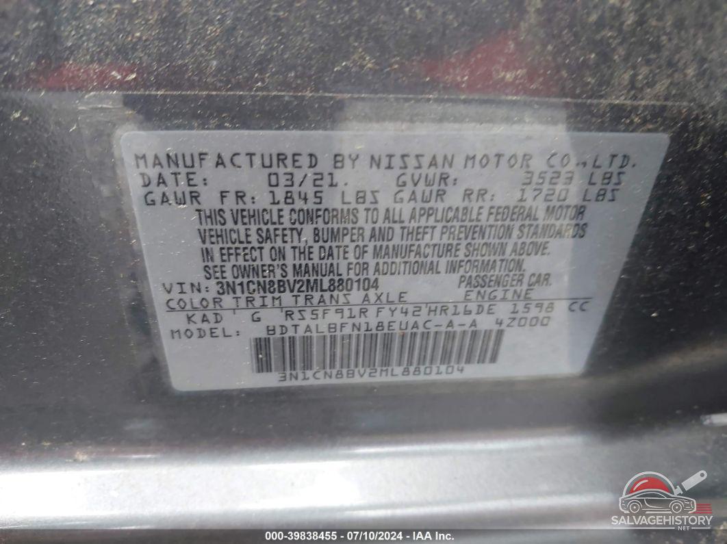 3N1CN8BV2ML880104 2021 NISSAN VERSA photo no. 9