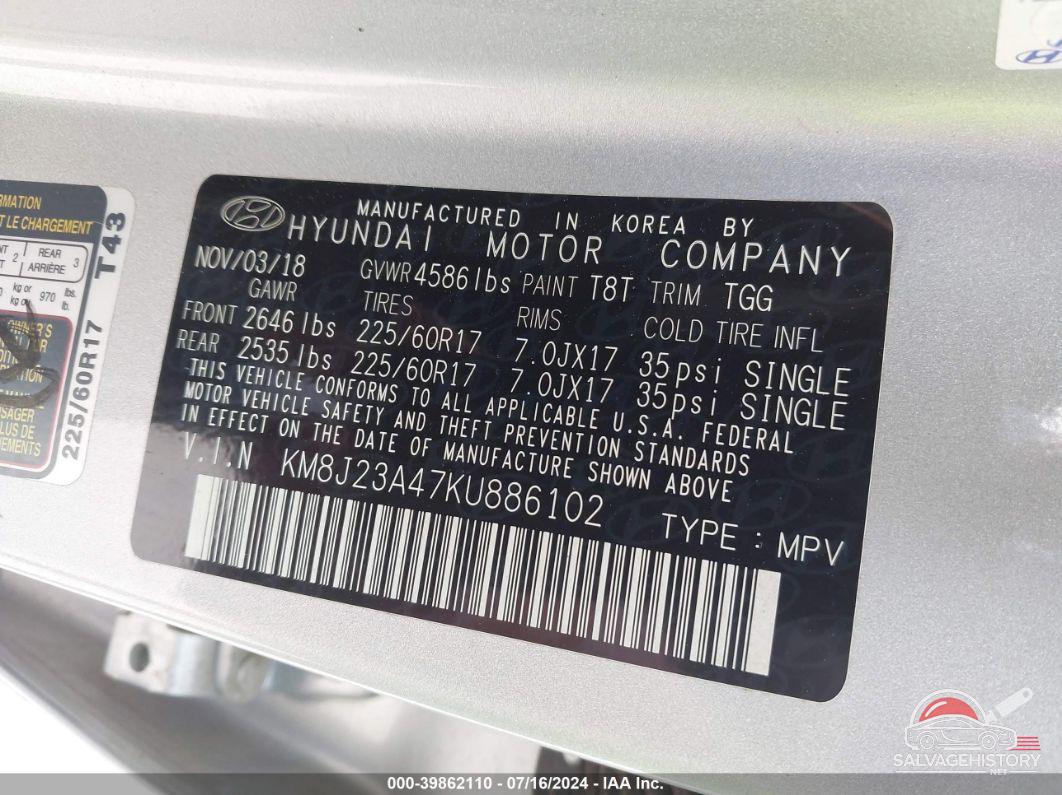 KM8J23A47KU886102 2019 HYUNDAI TUCSON photo no. 9