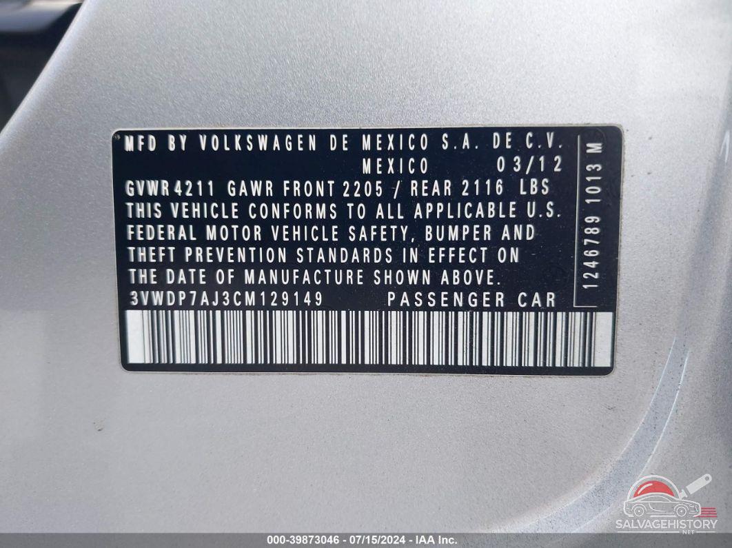 3VWDP7AJ3CM129149 2012 VOLKSWAGEN JETTA photo no. 9