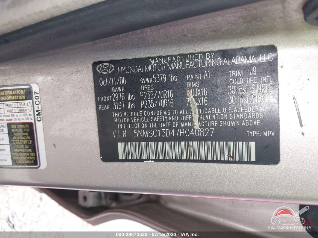 5NMSG13D47H040827 2007 HYUNDAI SANTA FE photo no. 9