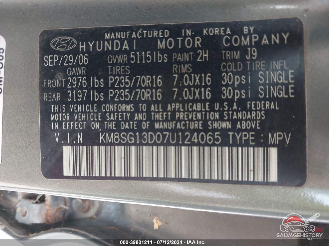 KM8SG13D07U124065 2007 HYUNDAI SANTA FE photo no. 9