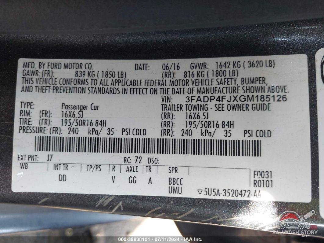 3FADP4FJXGM185126 2016 FORD FIESTA photo no. 9