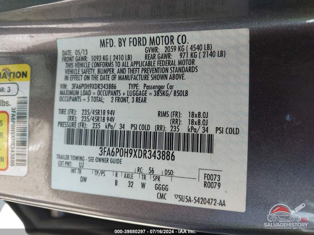 3FA6P0H9XDR343886 2013 FORD FUSION photo no. 9