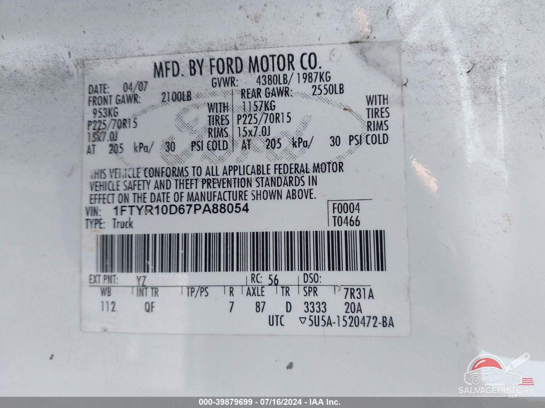 1FTYR10D67PA88054 2007 FORD RANGER photo no. 9