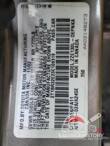 2T1BR32E23C109319 2003 TOYOTA COROLLA photo no. 12