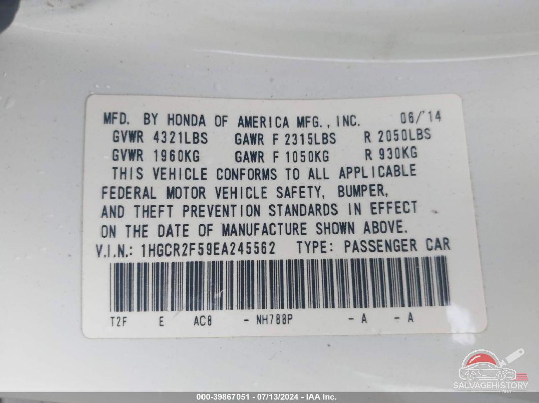 1HGCR2F59EA245562 2014 HONDA ACCORD photo no. 9