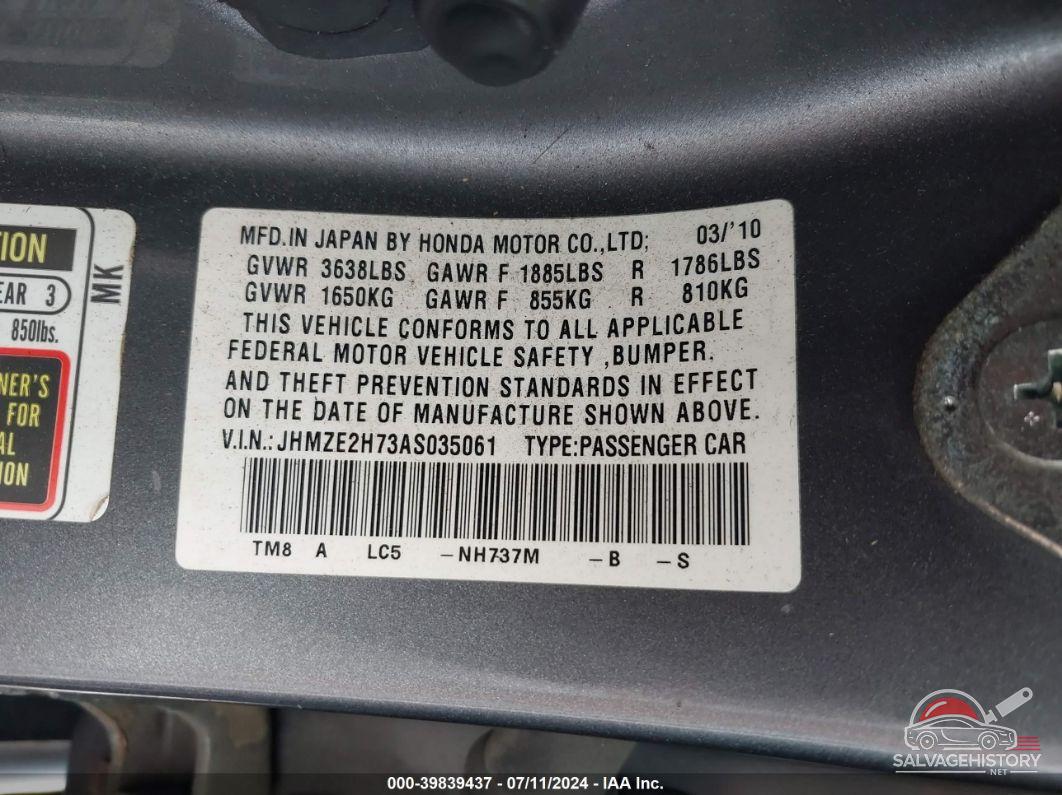 JHMZE2H73AS035061 2010 HONDA INSIGHT photo no. 9