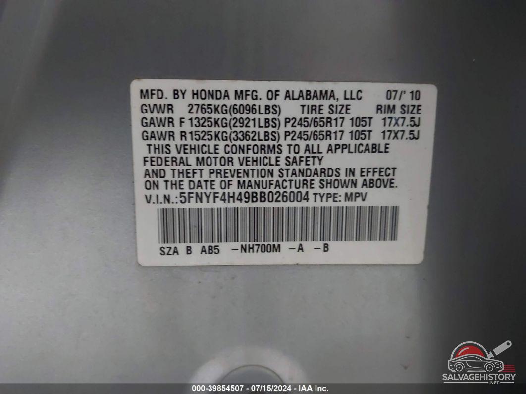 5FNYF4H49BB026004 2011 HONDA PILOT photo no. 9
