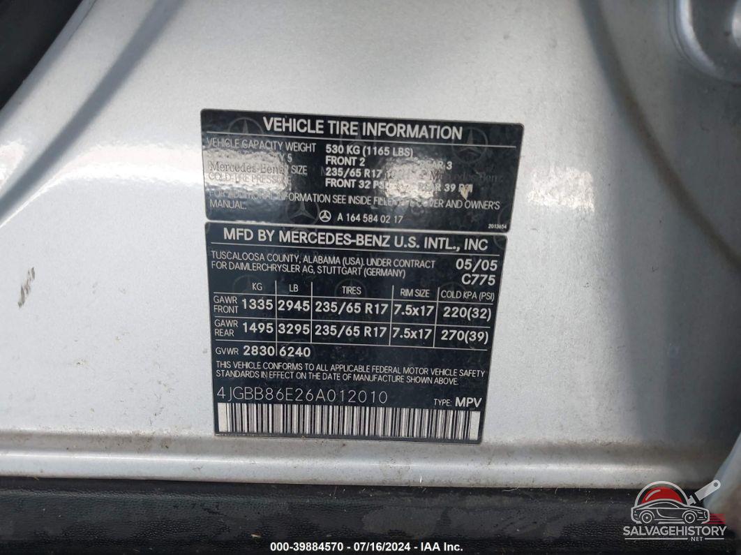 4JGBB86E26A012010 2006 MERCEDES-BENZ ML 350 photo no. 9