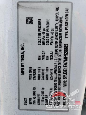 5YJ3E1EA7MF928885 2021 TESLA MODEL 3 photo no. 13