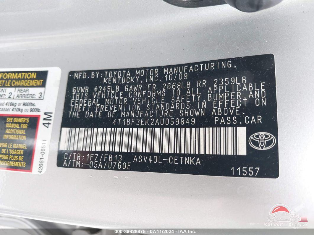 4T1BF3EK2AU059849 2010 TOYOTA CAMRY photo no. 9