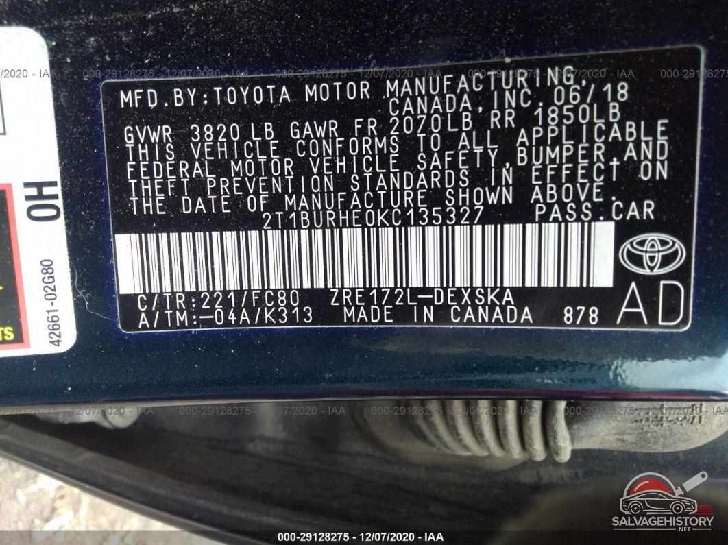 2T1BURHE0KC135327 2019 TOYOTA COROLLA photo no. 9