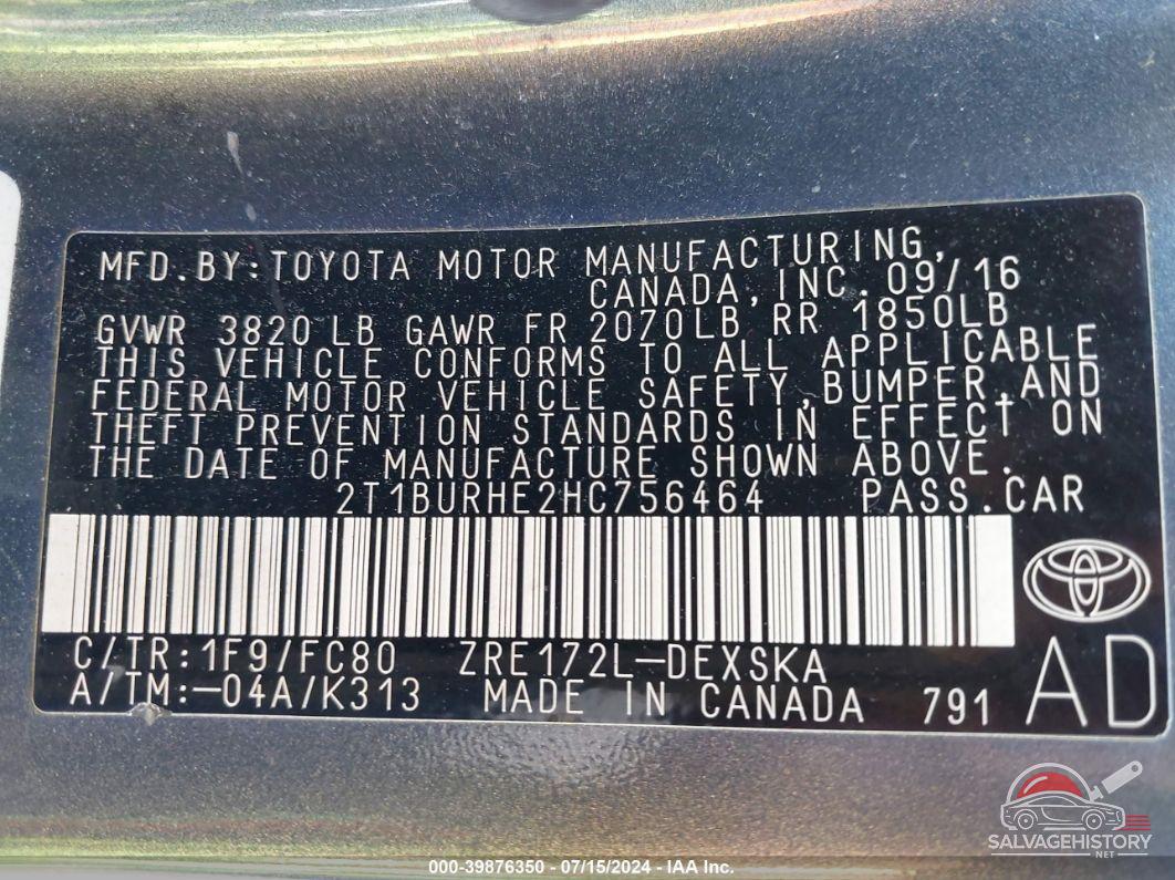 2T1BURHE2HC756464 2017 TOYOTA COROLLA photo no. 9