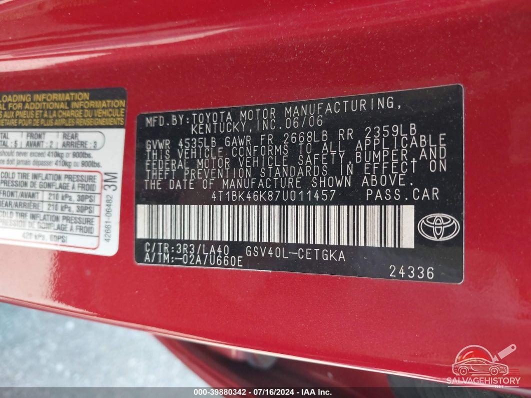 4T1BK46K87U011457 2007 TOYOTA CAMRY photo no. 9