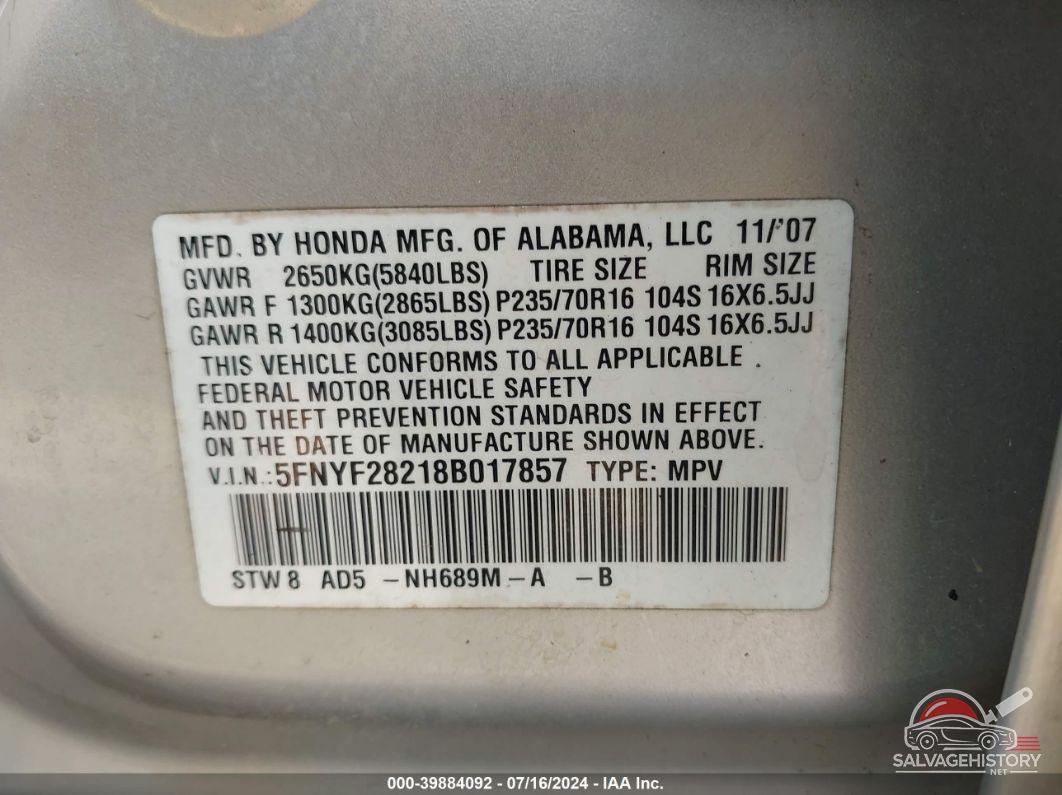 5FNYF28218B017857 2008 HONDA PILOT photo no. 9