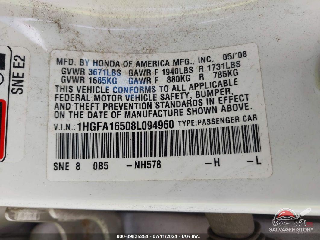 1HGFA16508L094960 2008 HONDA CIVIC photo no. 9