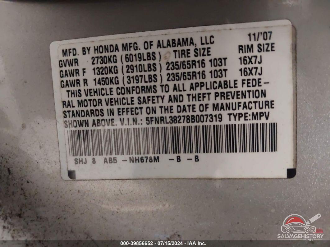 5FNRL38278B007319 2008 HONDA ODYSSEY photo no. 9