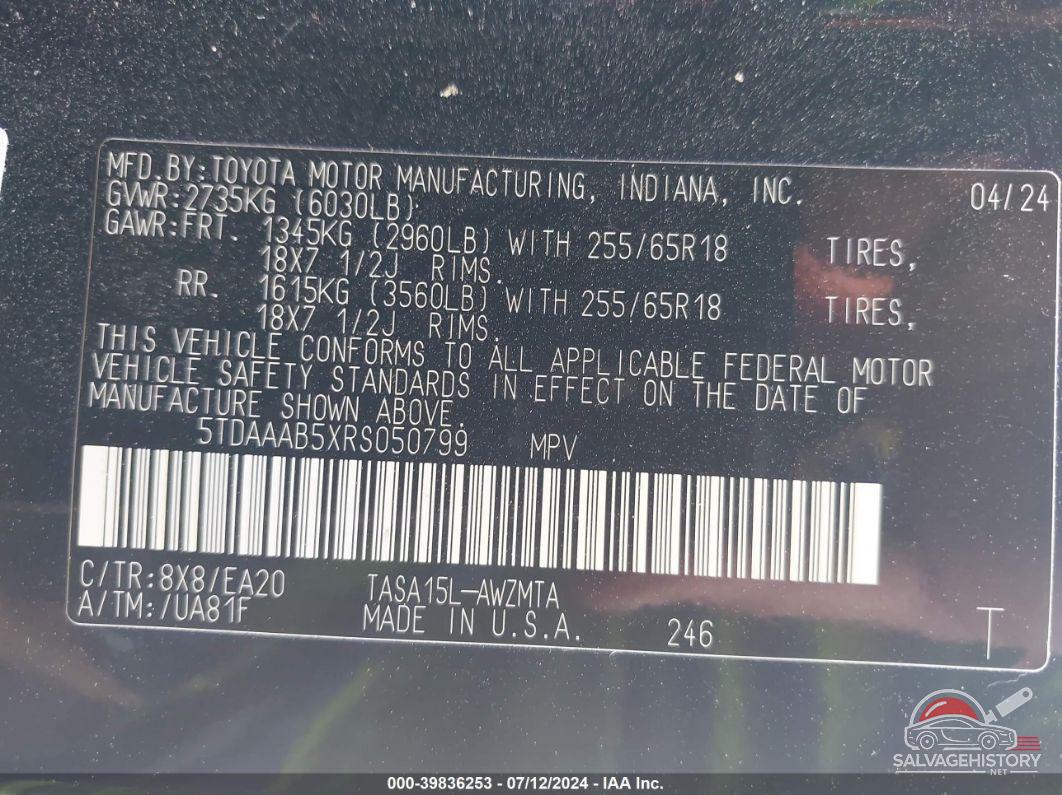 5TDAAAB5XRS050799 2024 TOYOTA GRAND HIGHLANDER photo no. 9