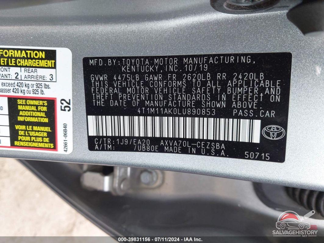 4T1M11AK0LU890853 2020 TOYOTA CAMRY photo no. 9