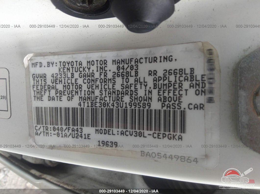4T1BE30K43U199589 2003 TOYOTA CAMRY photo no. 9