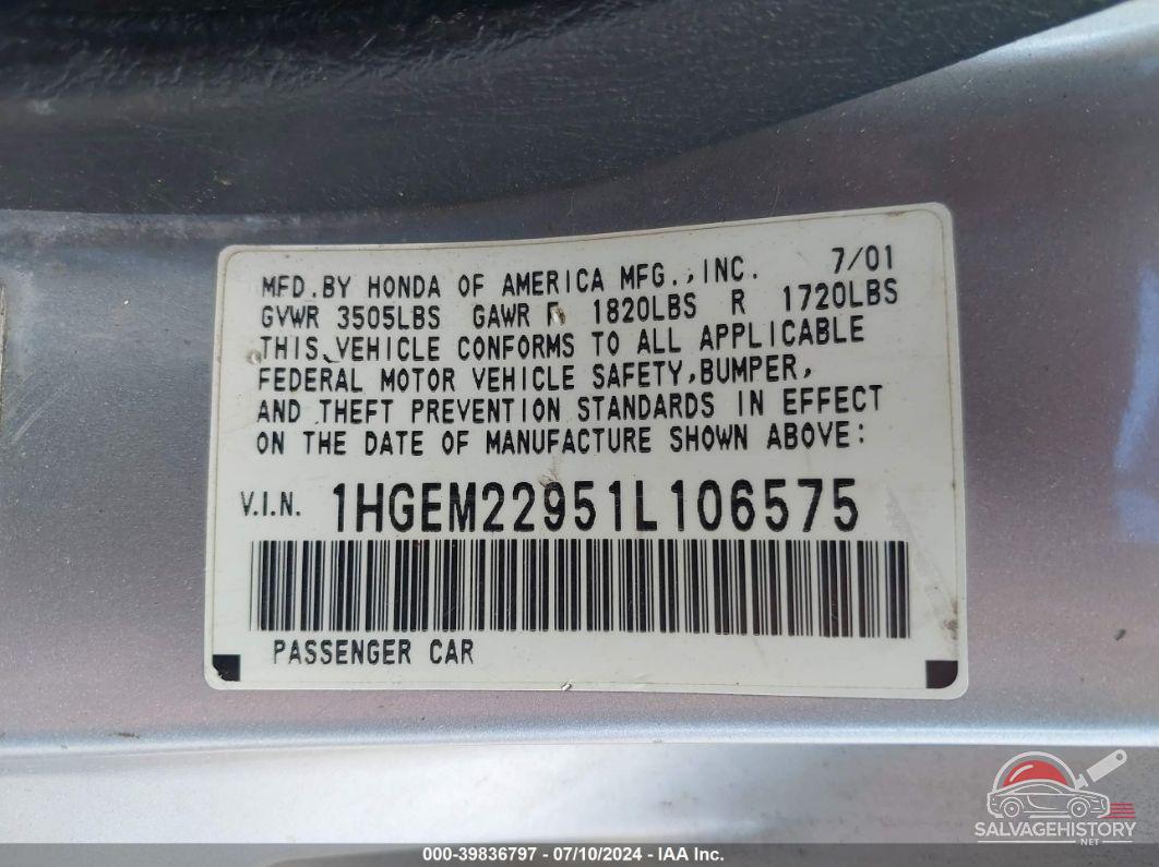 1HGEM22951L106575 2001 HONDA CIVIC photo no. 9