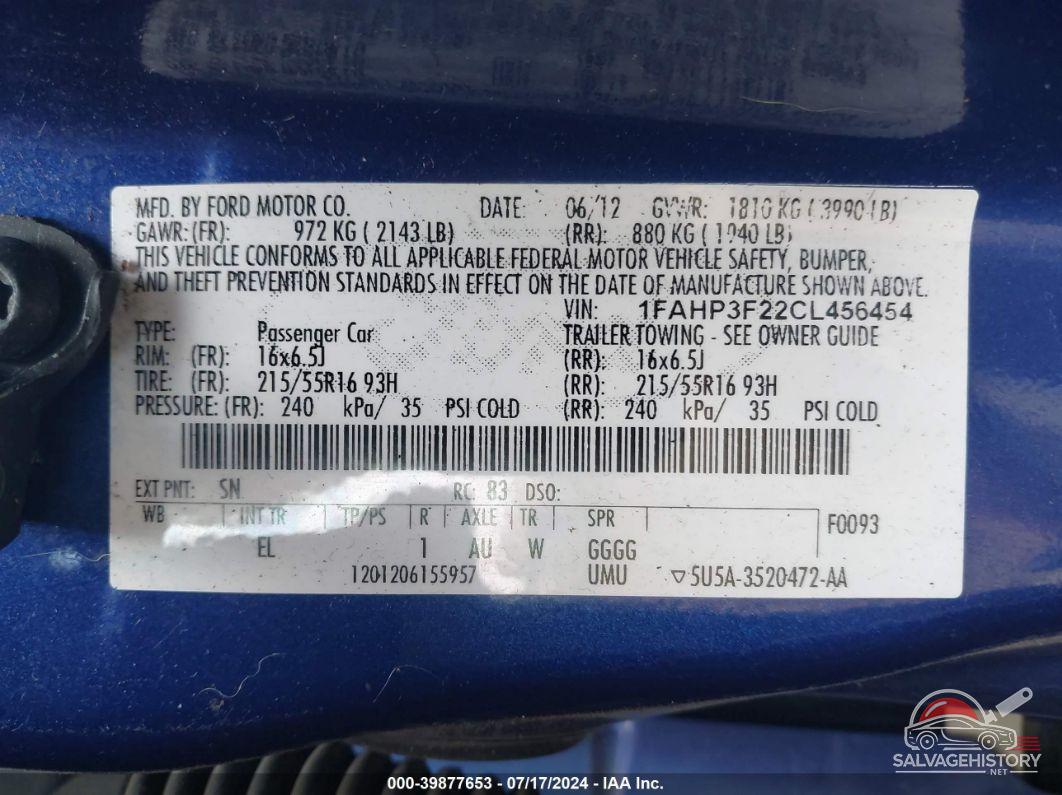 1FAHP3F22CL456454 2012 FORD FOCUS photo no. 9