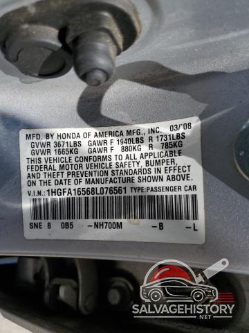 1HGFA16568L076561 2008 HONDA CIVIC photo no. 12