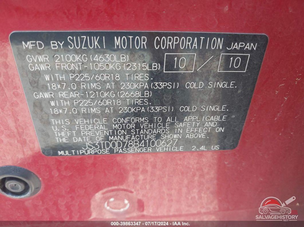 JS3TD0D78B4100627 2011 SUZUKI GRAND VITARA photo no. 9