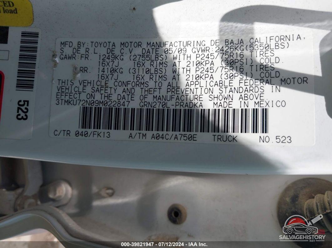 3TMKU72N09M022847 2009 TOYOTA TACOMA photo no. 9