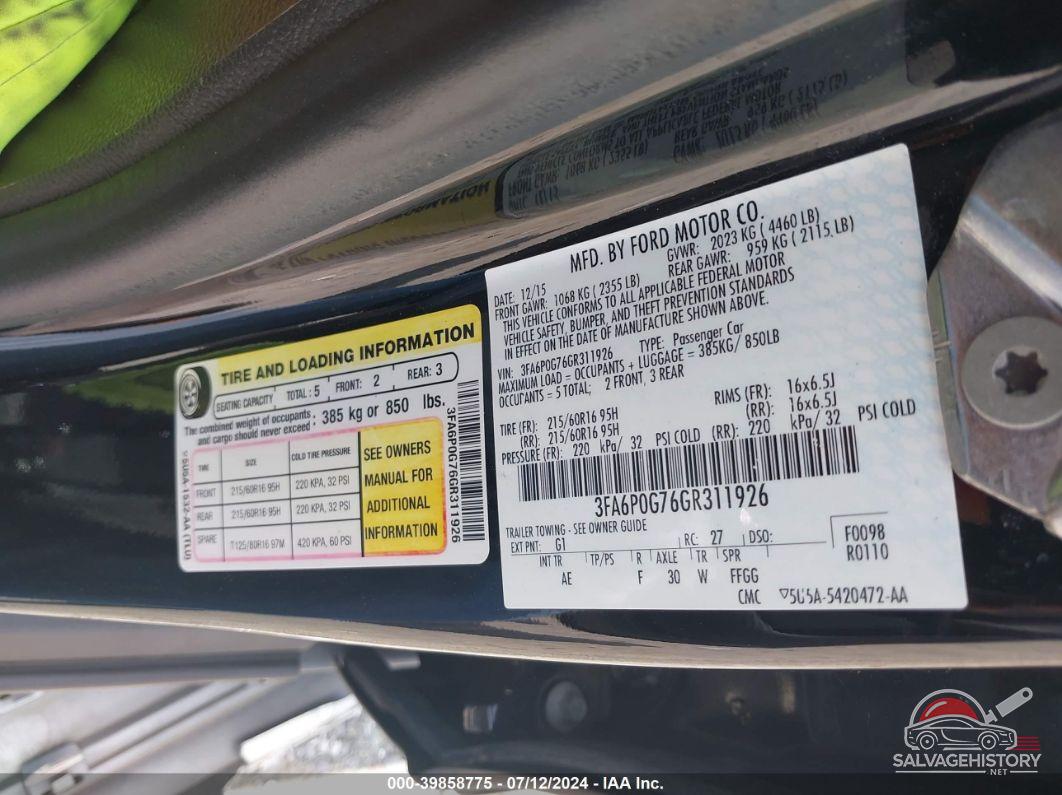 3FA6P0G76GR311926 2016 FORD FUSION photo no. 9