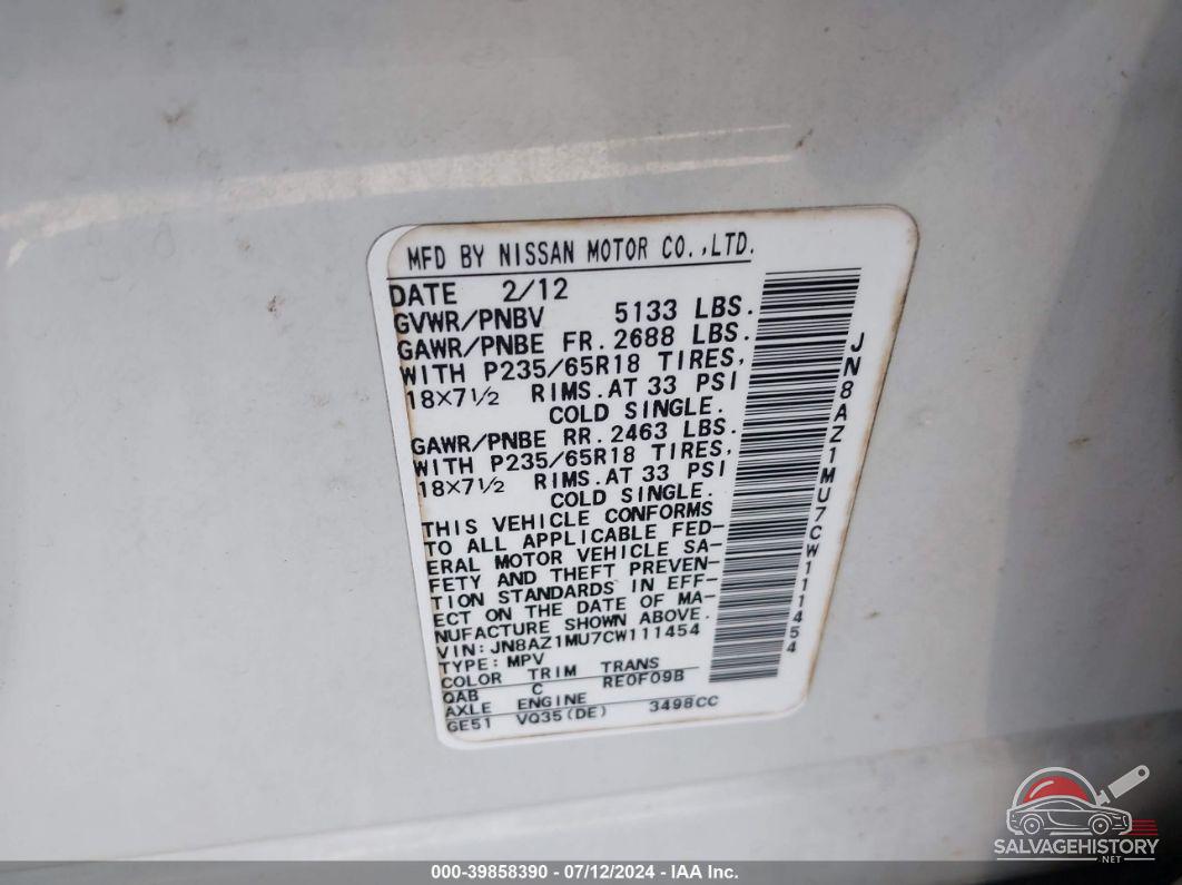 JN8AZ1MU7CW111454 2012 NISSAN MURANO photo no. 9