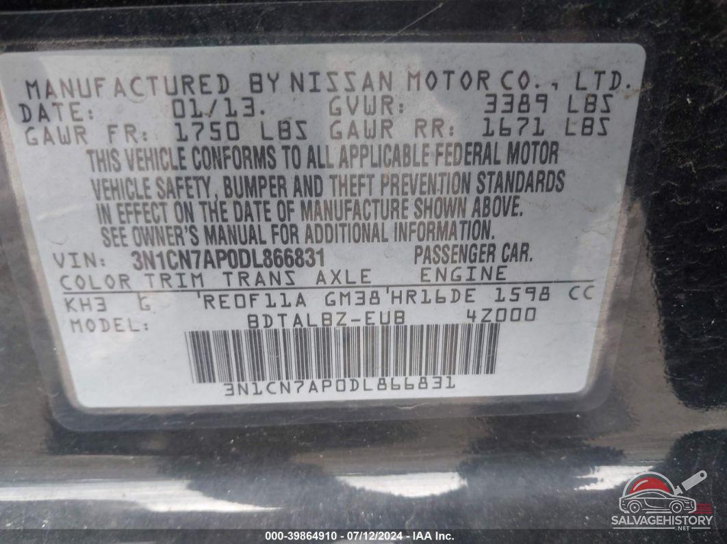 3N1CN7AP0DL866831 2013 NISSAN VERSA photo no. 9