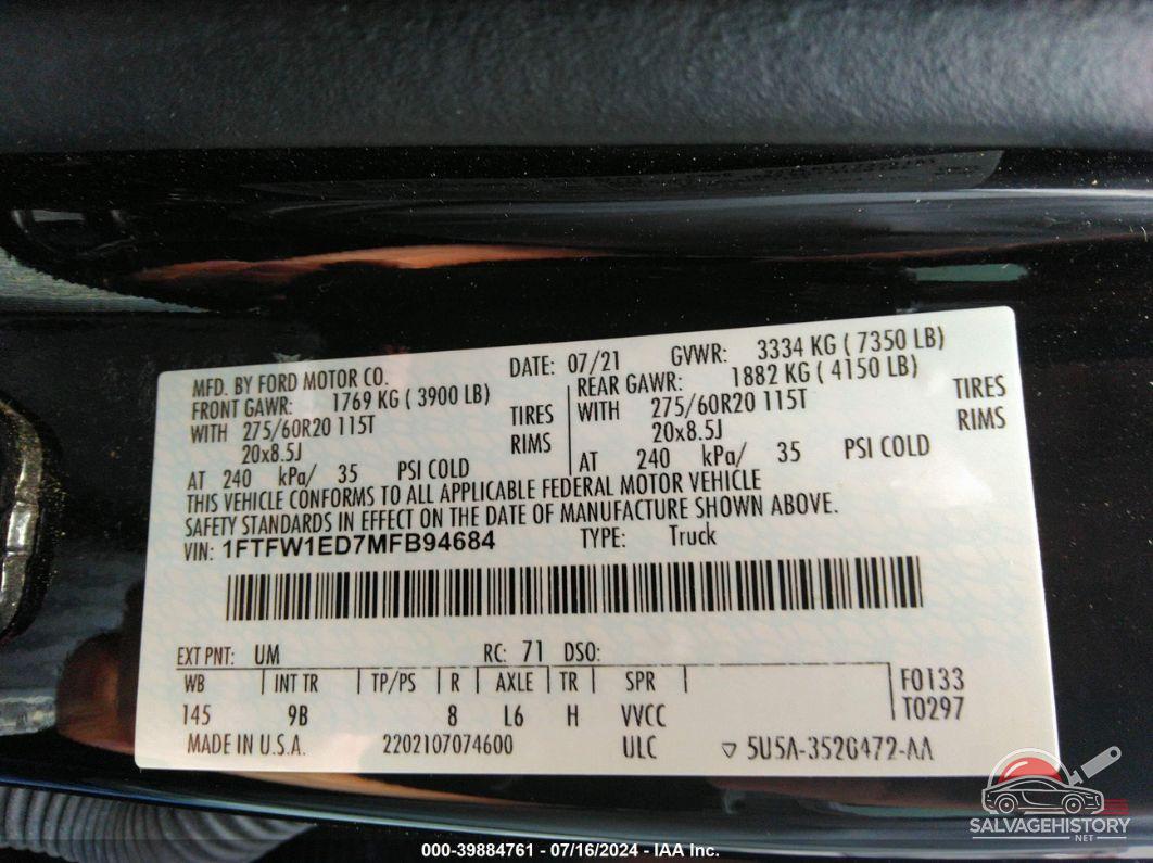 1FTFW1ED7MFB94684 2021 FORD F150 photo no. 9