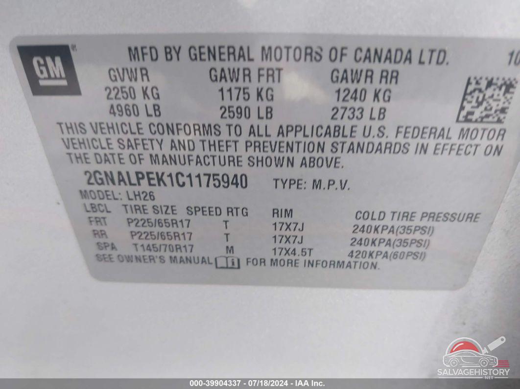 2GNALPEK1C1175940 2012 CHEVROLET EQUINOX photo no. 9