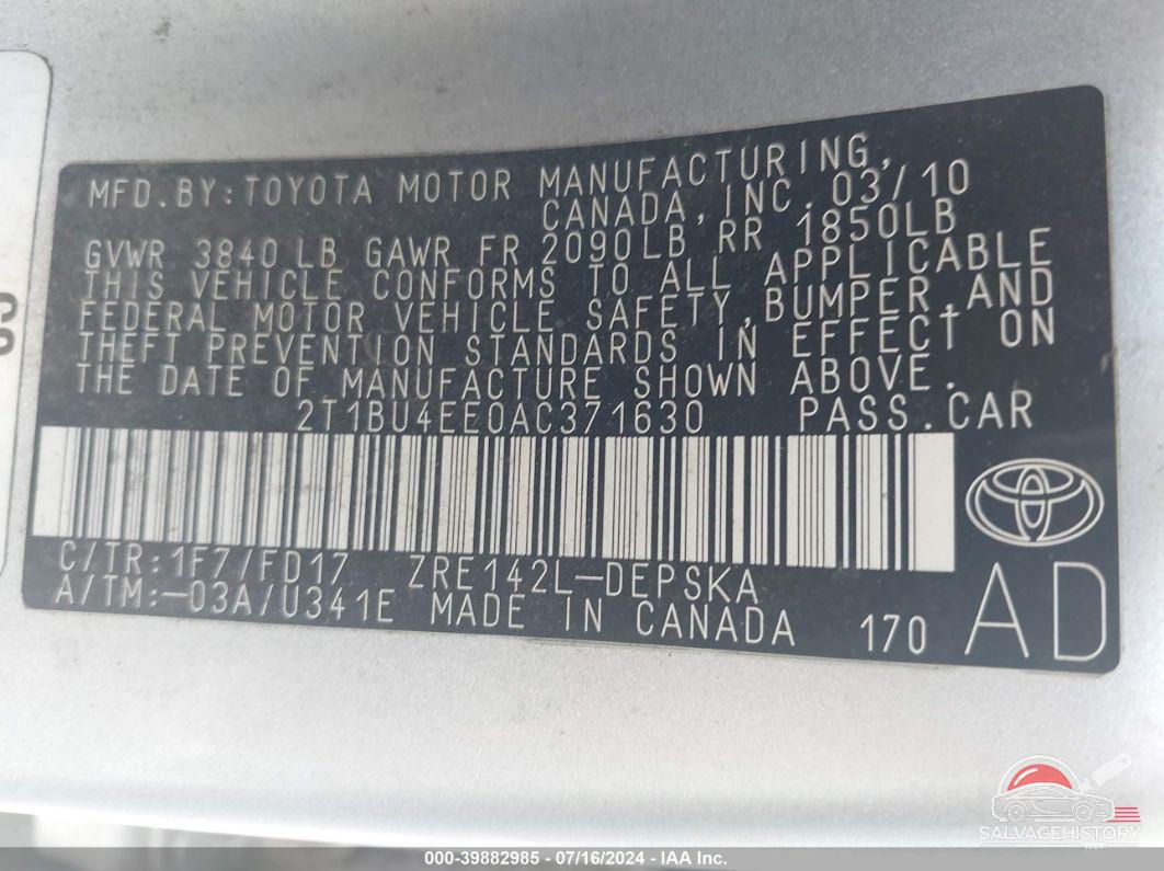 2T1BU4EE0AC371630 2010 TOYOTA COROLLA photo no. 9