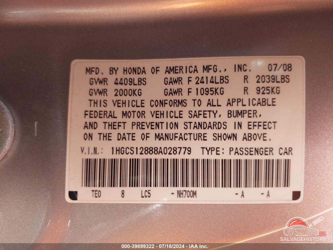 1HGCS12888A028779 2008 HONDA ACCORD photo no. 9