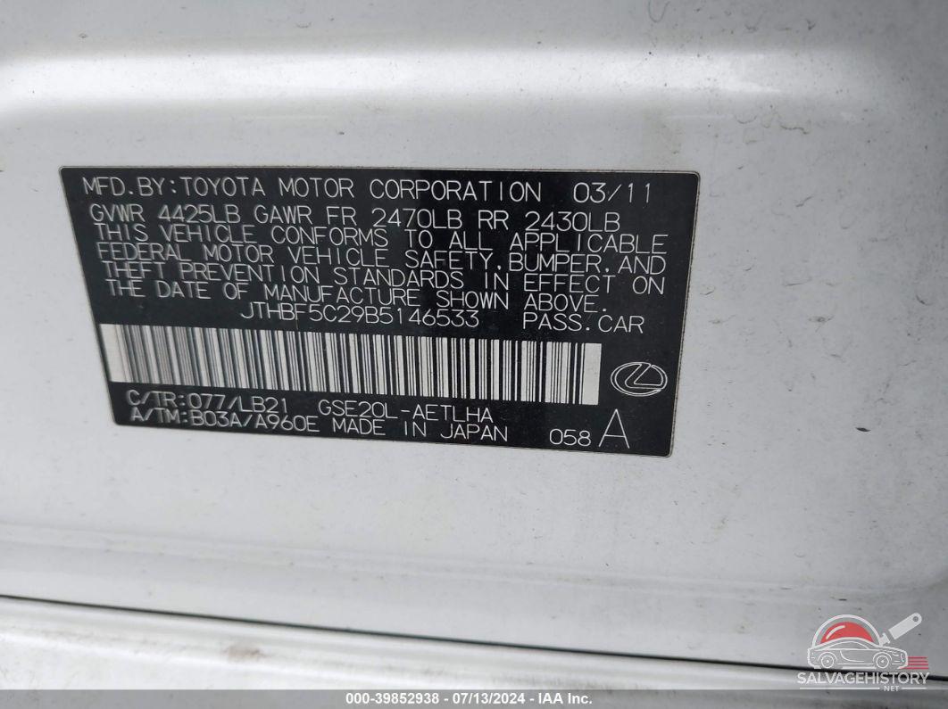 JTHBF5C29B5146533 2011 LEXU IS 250 AUTOMATIC RWD photo no. 9