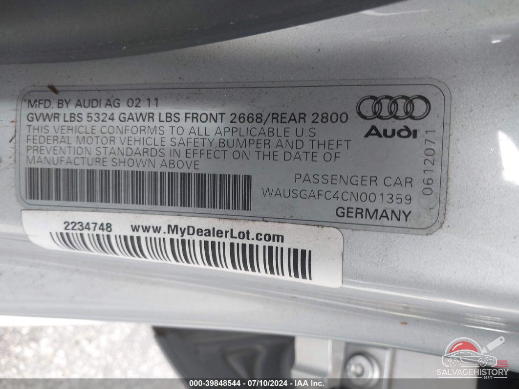 WAUSGAFC4CN001359 2012 AUDI A7 photo no. 9