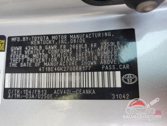 4T1BE46K27U068177 2007 TOYOTA CAMRY photo no. 12