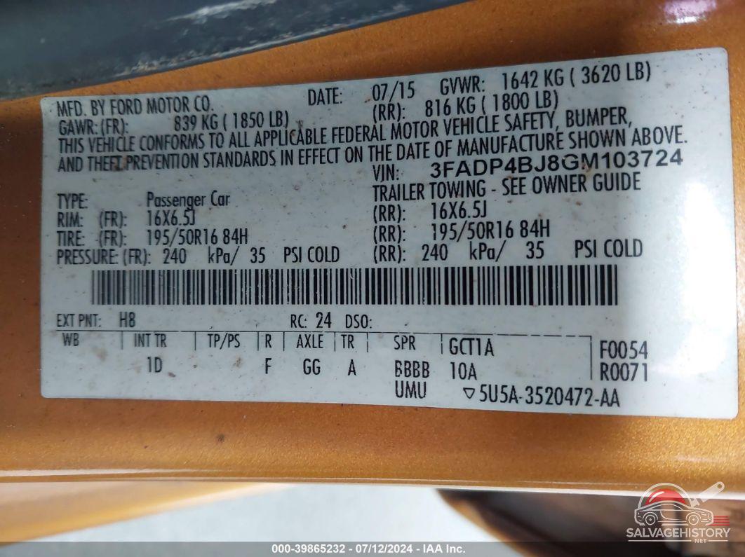 3FADP4BJ8GM103724 2016 FORD FIESTA photo no. 9