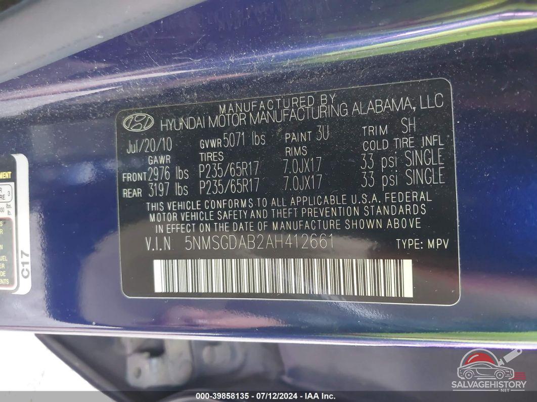 5NMSGDAB2AH412661 2010 HYUNDAI SANTA FE photo no. 9
