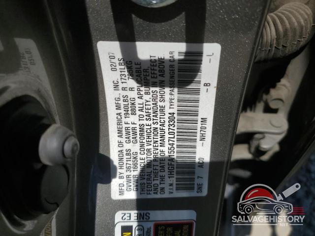1HGFA15547L073304 2007 HONDA CIVIC photo no. 12