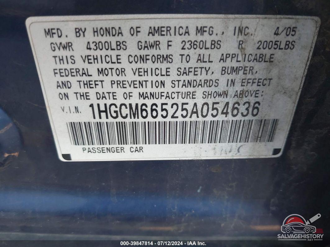 1HGCM66525A054636 2005 HONDA ACCORD photo no. 9